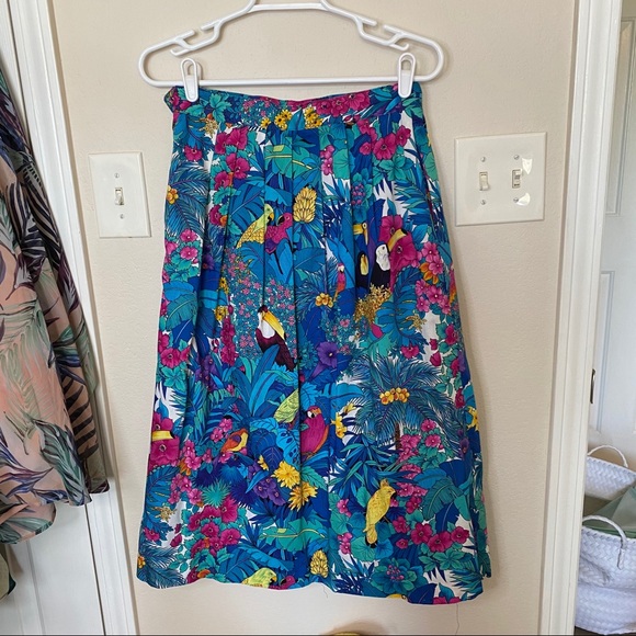 VINTAGE Jos A Bank tropical bird pleat midi skirt - Picture 10 of 13